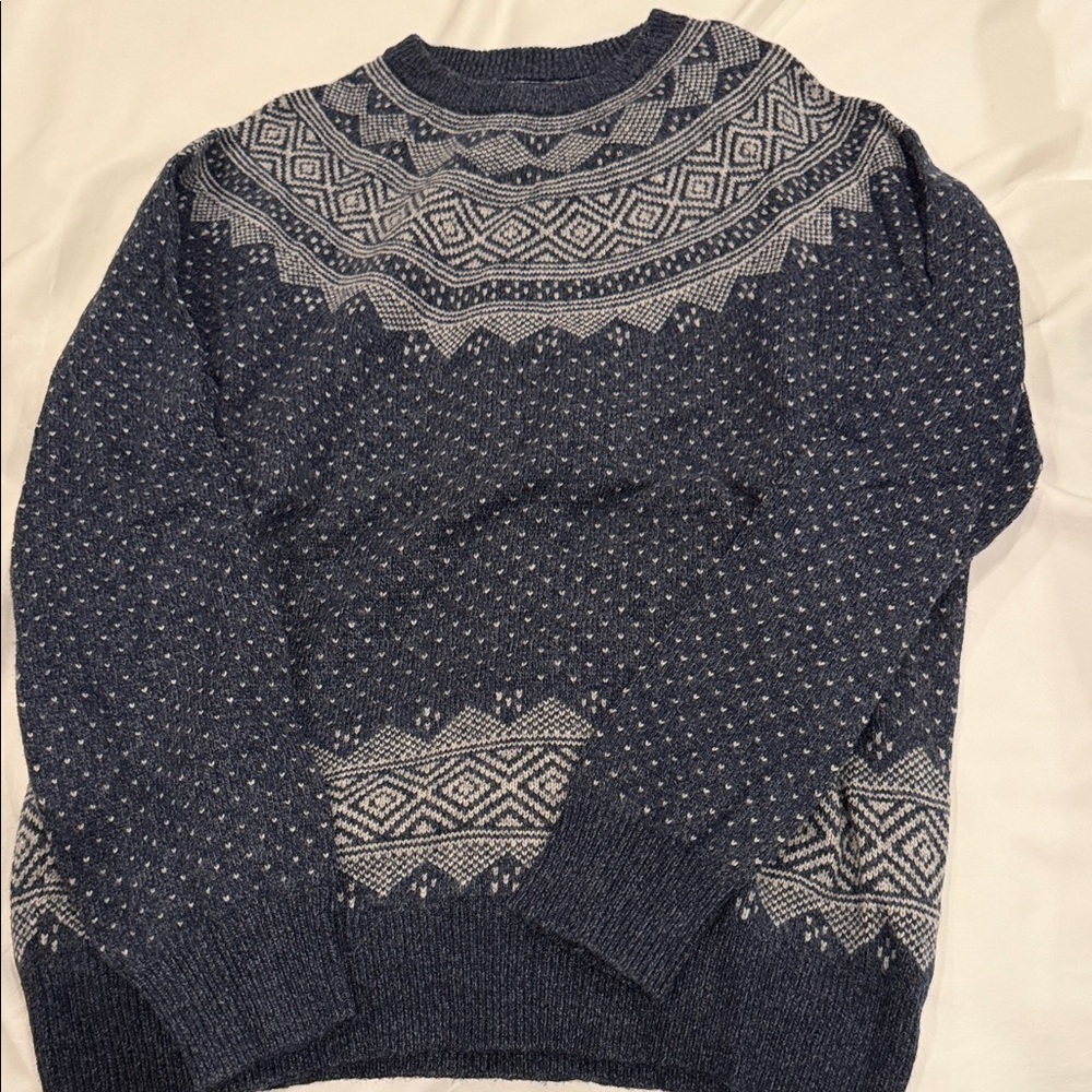 J. Crew Factory Blue and White Geometric Crewneck Sweater